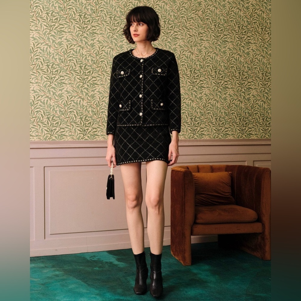 Rihoas fuzzy gold button cardigan & skirt set NWOT preppy retro style - Picture 2 of 8